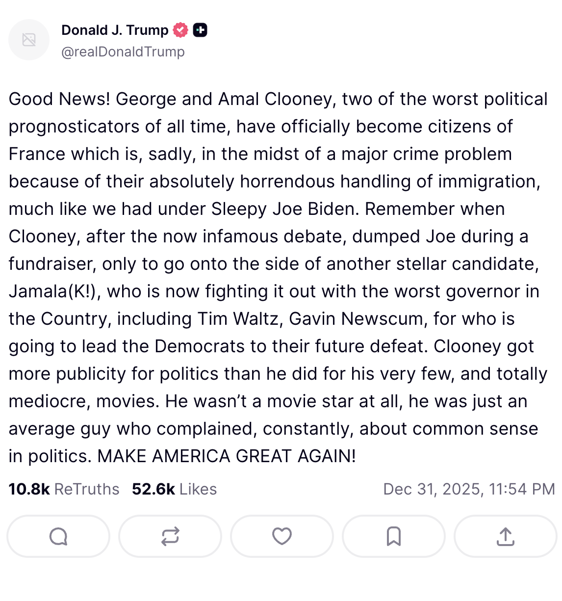 Клуни потроллил Трампа его же словами после заявления о гражданстве